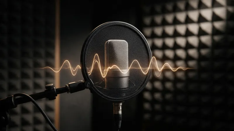 A studio microphone with a pop filter and a glowing sound wave in a dark recording booth