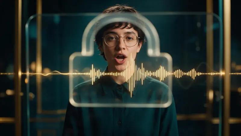 A person speaking while their voice, drawn as a golden wave, passes through a glass shield with a lock shape