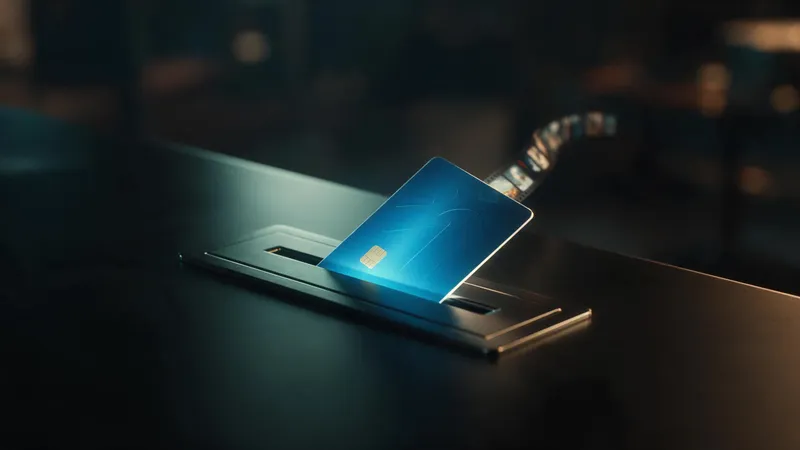 A glowing blue key card sliding out of a dark metal slot on a black desk, trailing a ribbon of tiny film frames