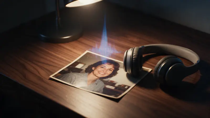 An old photograph of a smiling woman on a walnut desk beside headphones, a ribbon of glowing blue sound rising from it