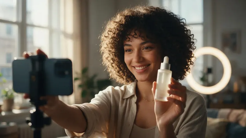 A smiling creator filming herself with a phone and holding a skincare bottle up to the camera