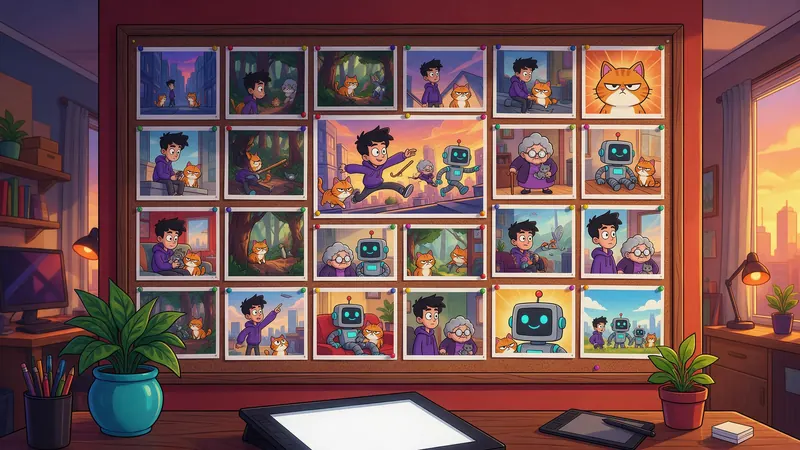 A storyboard wall in an animation studio showing the same cartoon cast across many panels