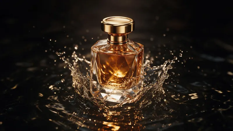 A luxury perfume bottle above black water with splashes frozen mid-air under a single spotlight