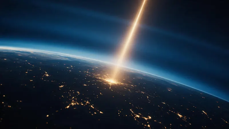 Earth at night from orbit with a beam of light zooming down toward a single glowing city