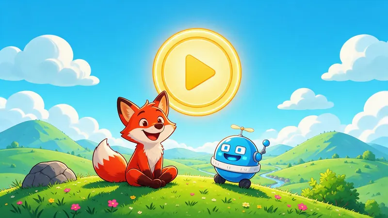 A cartoon fox and a small robot on a green hill under a sun shaped like a play button