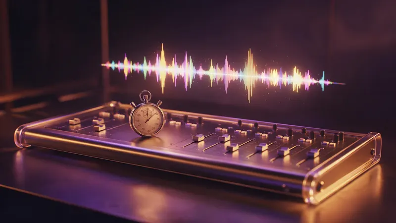 A glowing mixing desk with colourful sound waves floating above it and a stopwatch on top