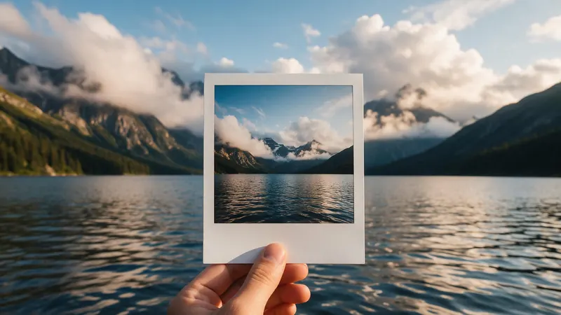 An instant photo of a mountain lake held up in front of the real lake, perfectly lined up
