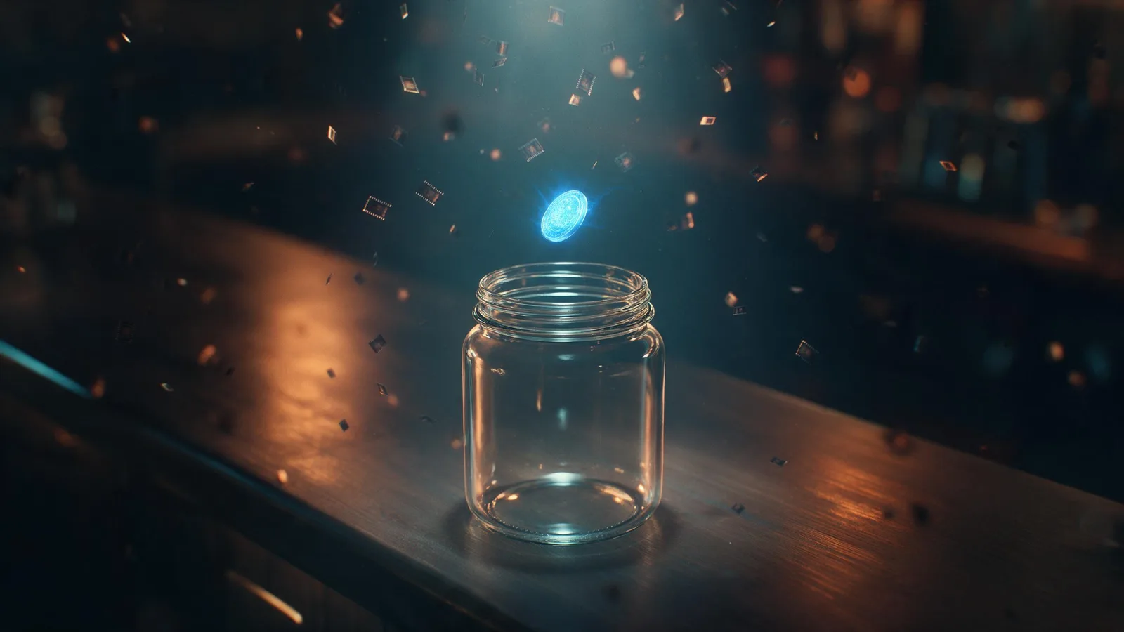 An empty glass jar on a dark wooden counter with one glowing blue coin of light hovering above it