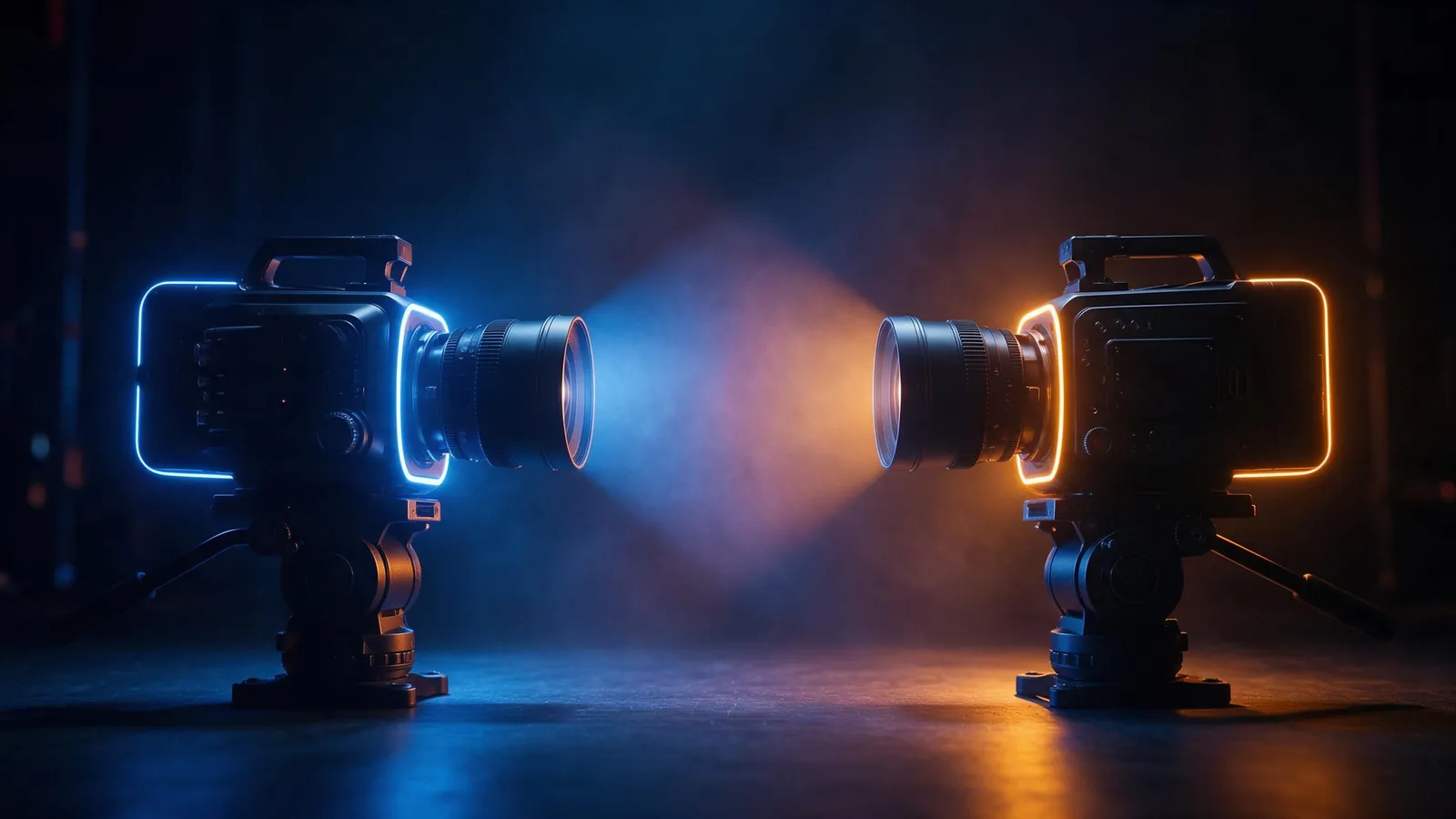 Two cinema cameras facing each other on a dark stage, one lit blue and one lit amber