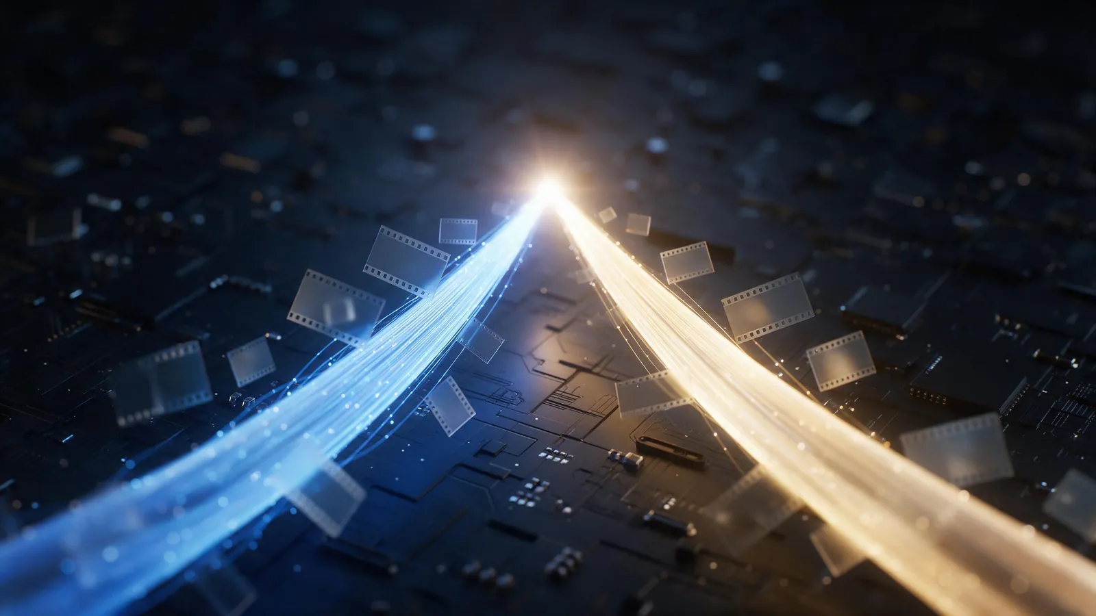 Two glowing cables, one blue and one gold, meeting in a point of light over a dark circuit board with film frames drifting along them