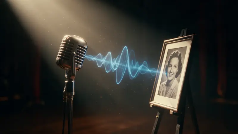 A vintage microphone under a spotlight on a dark stage, a glowing blue sound wave flowing from it into a framed portrait photograph