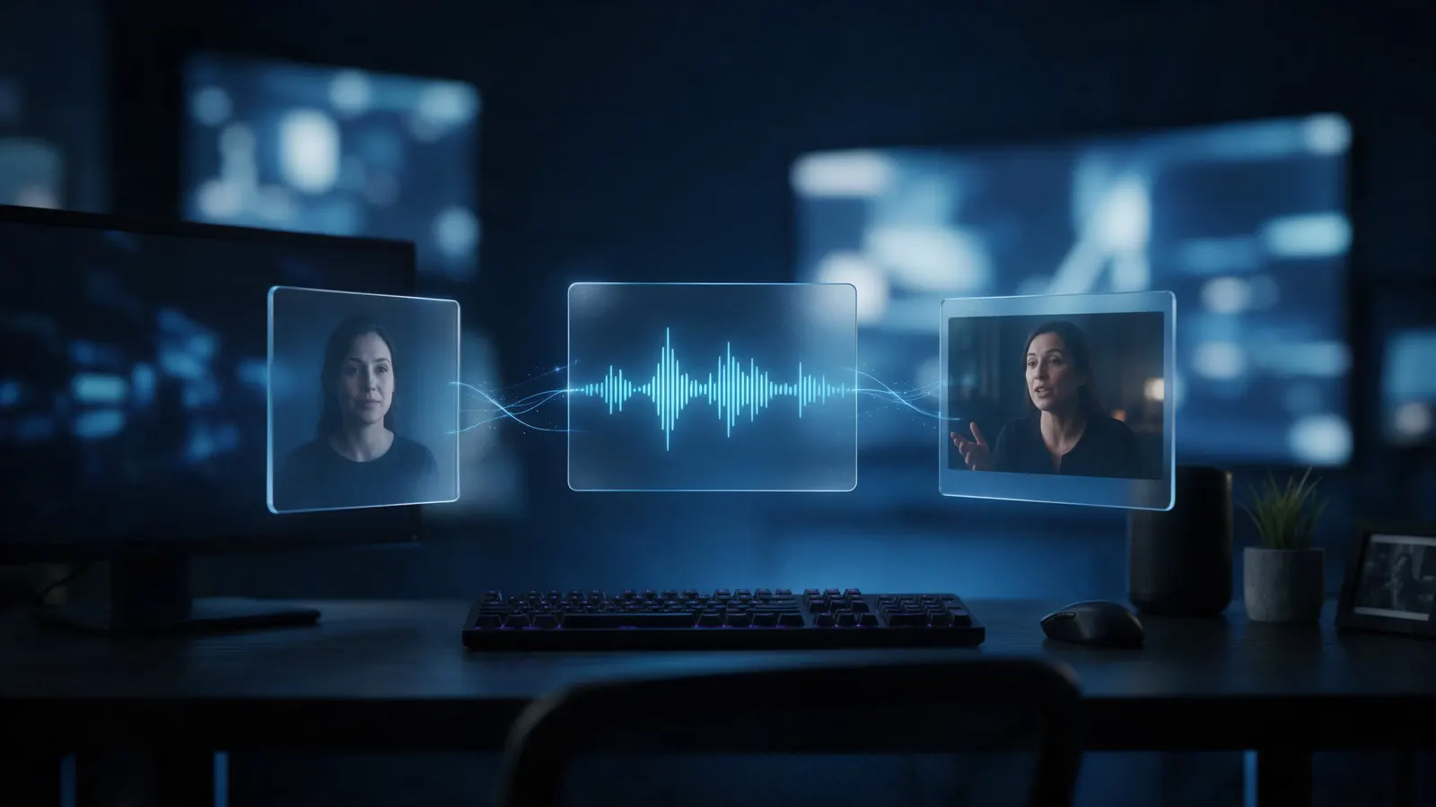 Three glowing panels over a dark desk: a portrait photo, a sound wave and the same woman talking on video
