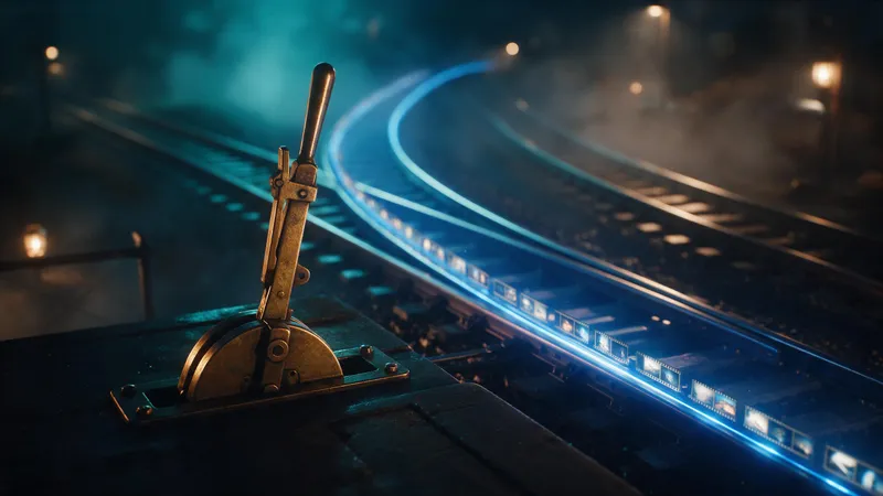 A brass railway switch lever on a dark platform where two glowing tracks split, one lit blue and carrying tiny film frames