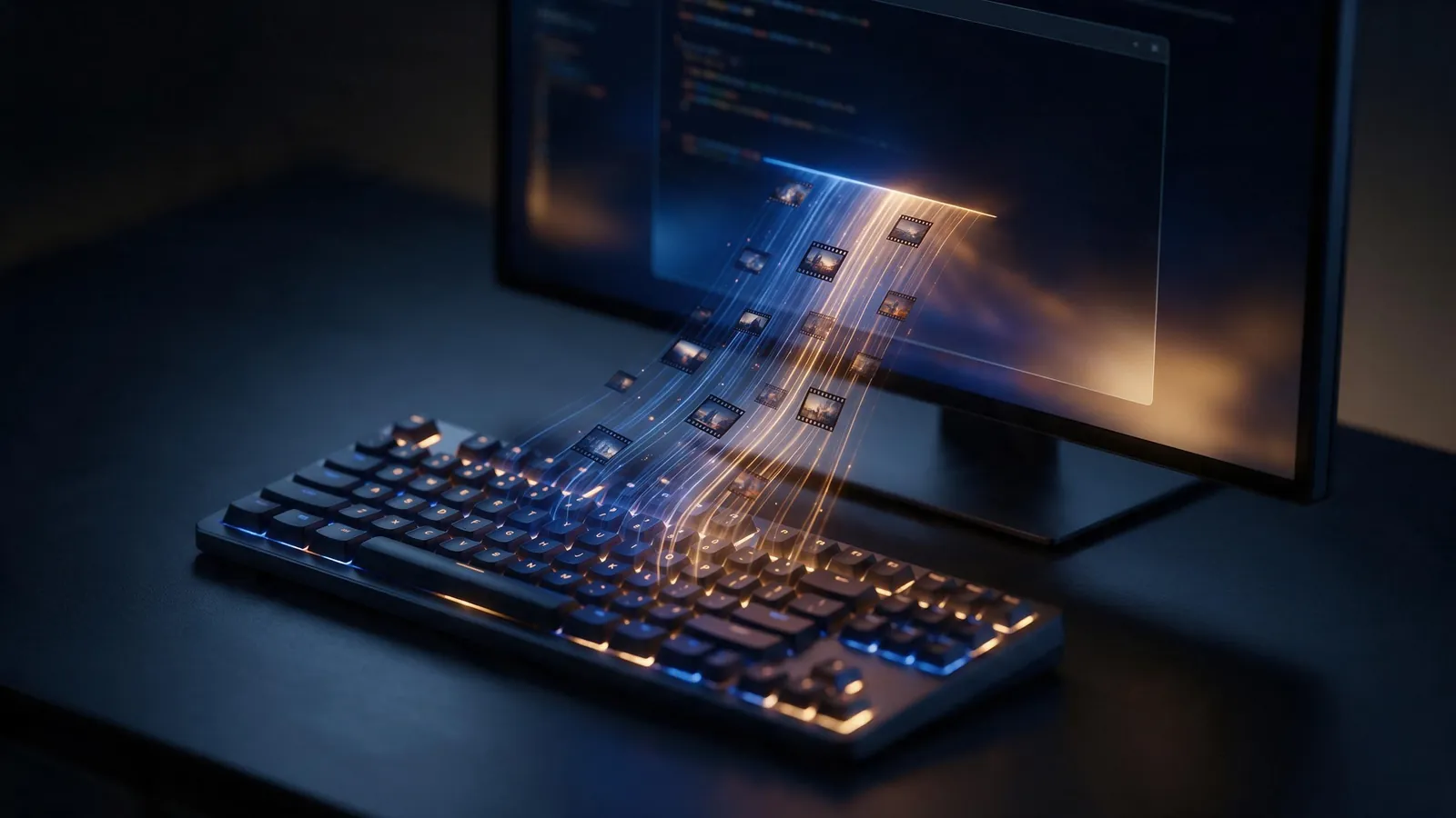 A keyboard and a glowing terminal on a dark desk with streams of light carrying film frames out of the screen