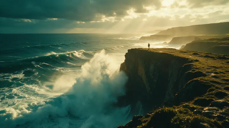 A lone figure on a sea cliff at golden hour above huge crashing waves