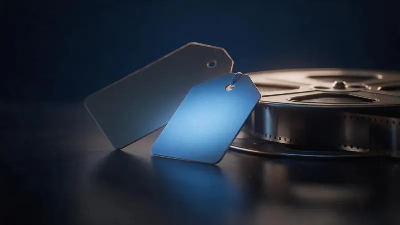 Two blank price tags on a dark table, one glowing blue, beside a vintage film reel