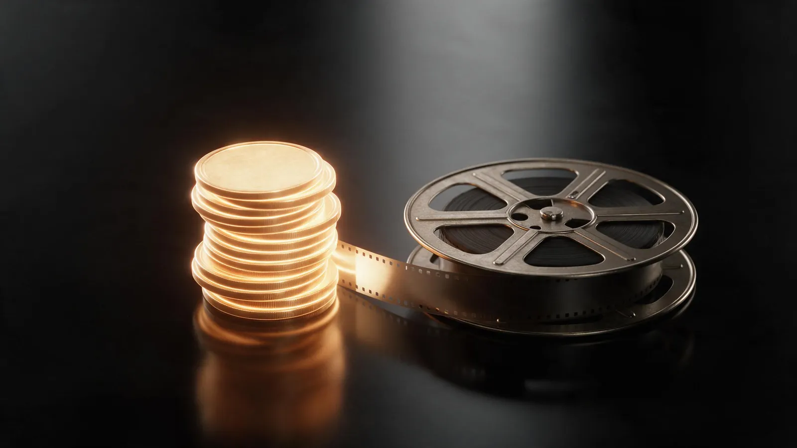A stack of glowing gold coins beside a vintage film reel under a single spotlight