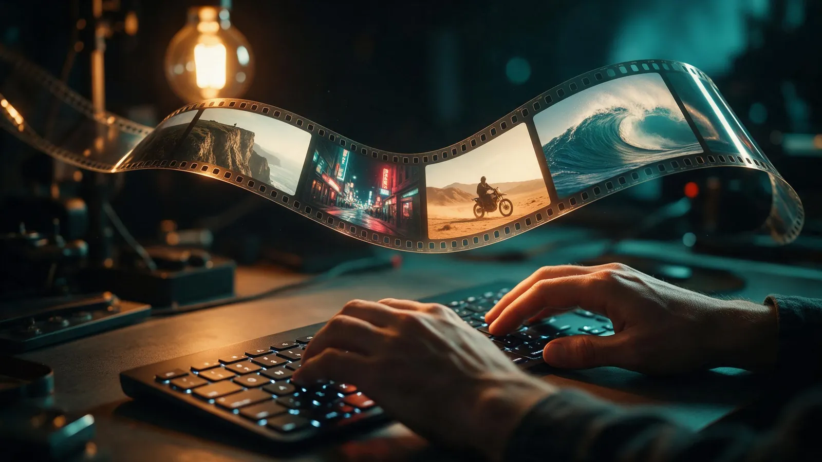 A filmmaker typing at a backlit keyboard under a glowing ribbon of cinematic film frames