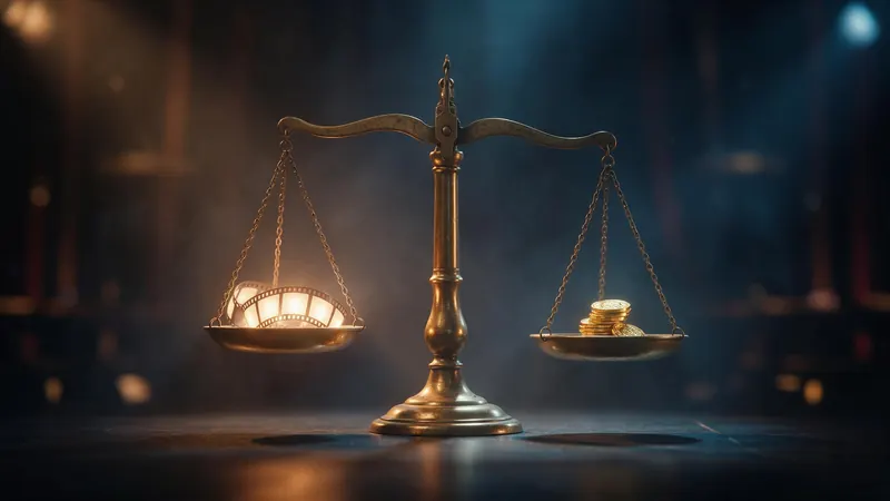 A brass balance scale weighing glowing film frames against a small stack of gold coins on a dark stage