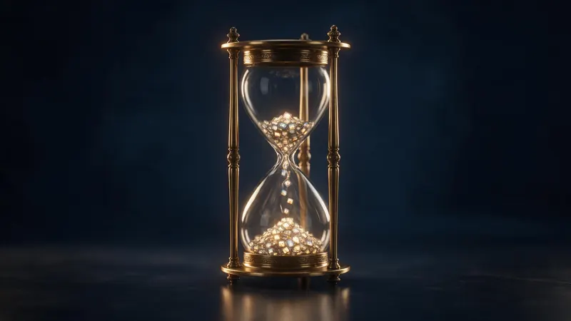 An antique hourglass whose falling sand is made of tiny glowing film frames