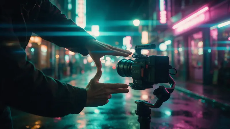 A filmmaker framing a shot with their hands beside a cinema camera on a neon-lit, rain-soaked street at night
