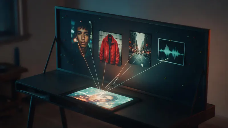 A reference board with a portrait, a red jacket, a street and a sound wave, linked by threads of light to a screen