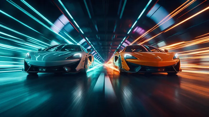 Two sports cars racing side by side through a neon tunnel, one trailing cyan light, the other orange
