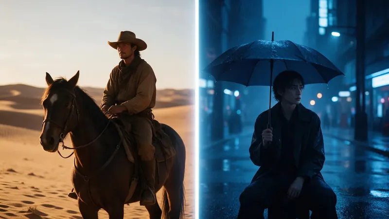 A split frame: a rider in a golden desert on one side and a figure with an umbrella on a rainy neon street on the other
