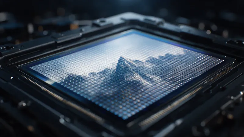 A macro of a camera sensor's pixel grid glowing blue, with a mountain range reflected across it