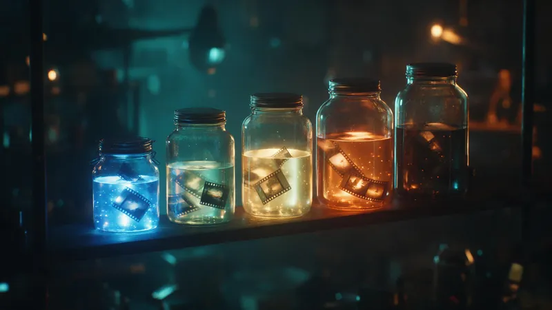Five glass jars on a dark shelf glowing blue, white, gold, orange and amber, with film frames floating inside them
