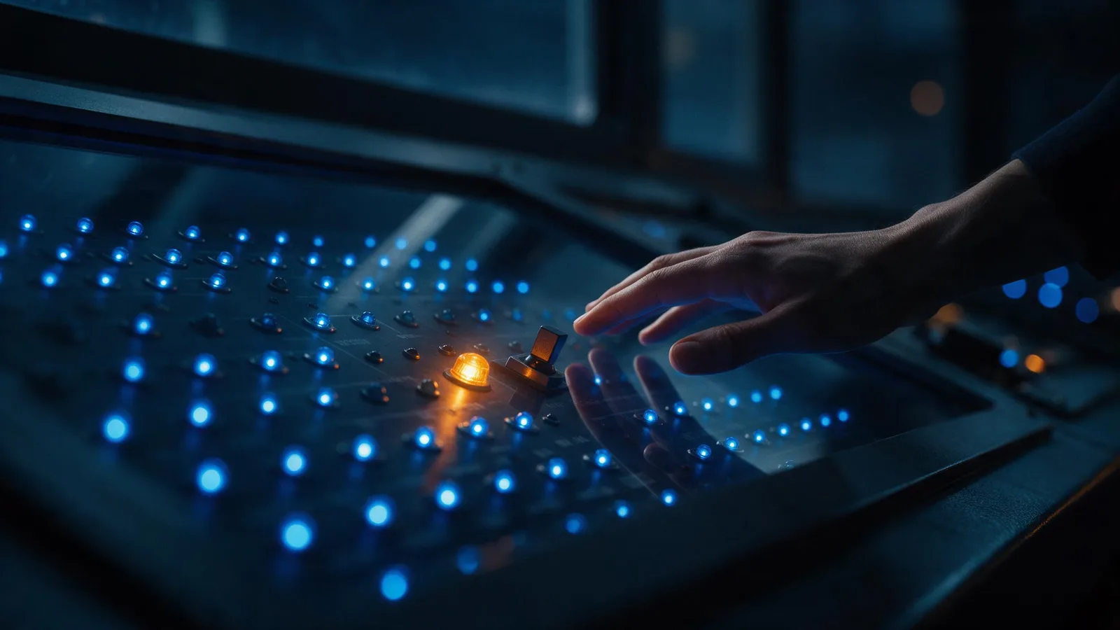 A hand reaching toward a dark control console where one amber light glows among rows of blue lights