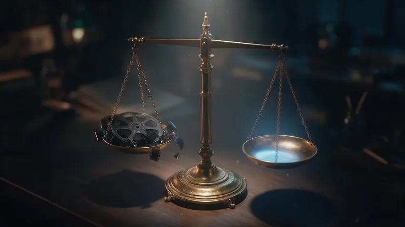 A brass balance scale with a broken film reel in one pan and the other pan empty and glowing blue