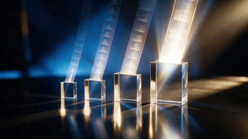 Four glass prisms of increasing size in a row, each sending up a ribbon of glowing film frames