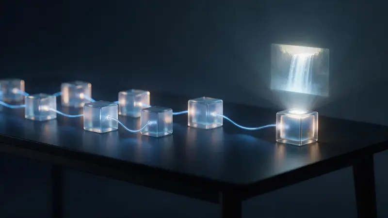 A chain of glowing glass cubes linked by blue light cables on a dark desk, the last one projecting a film frame of a waterfall
