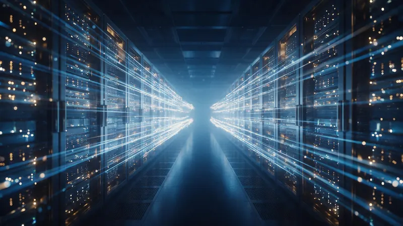 A glowing data centre corridor with streams of light flowing between the server racks
