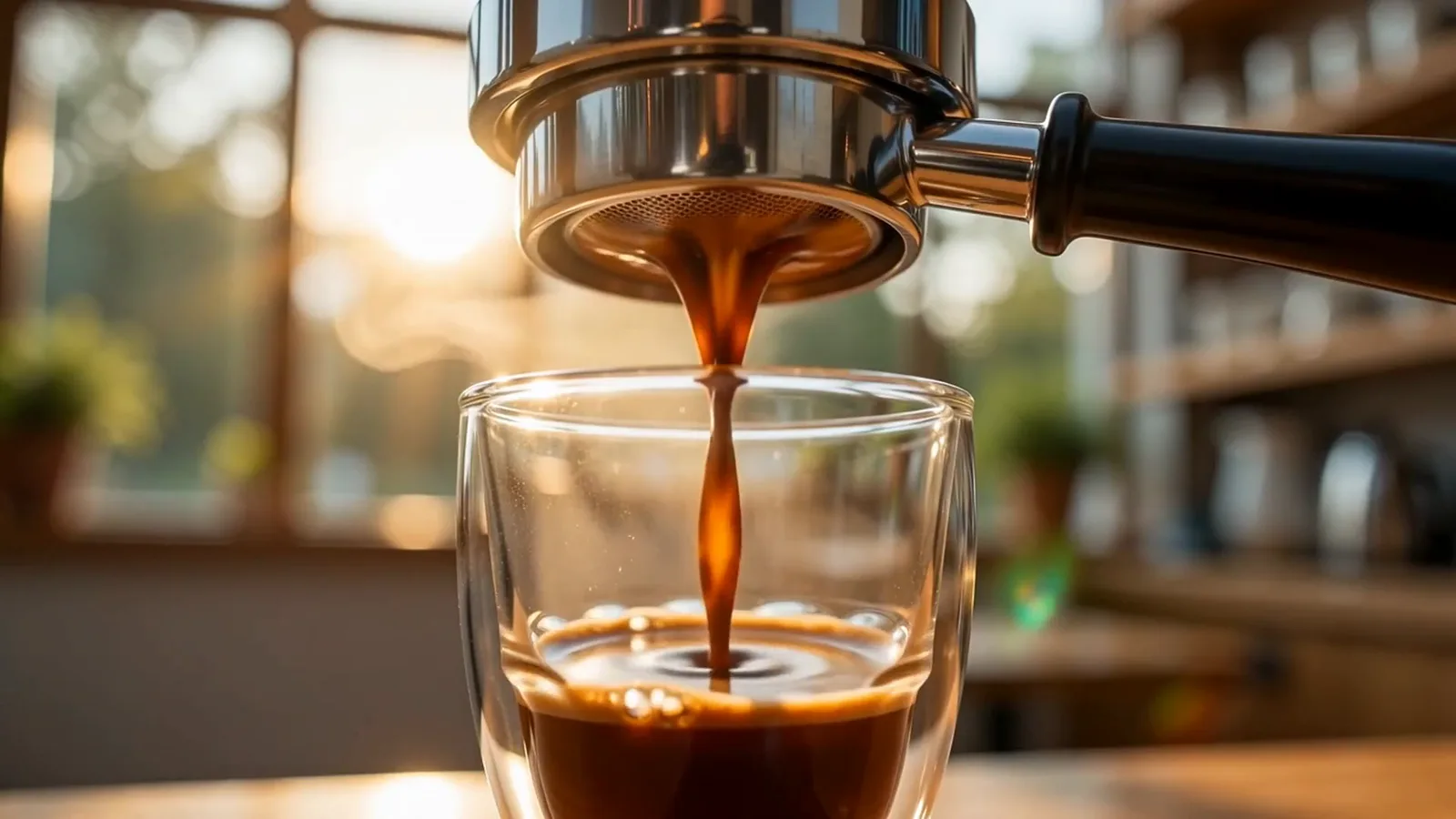 Espresso pouring from a portafilter into a clear glass cup in warm morning cafe light