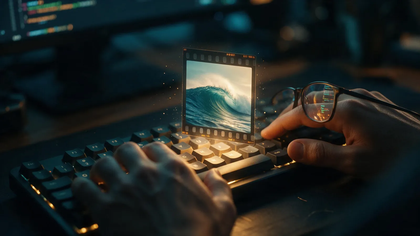 A developer typing on a backlit keyboard at night with a glowing film frame of an ocean wave floating above the keys