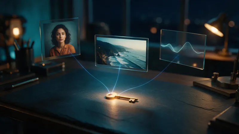 A brass key on a dark desk sending threads of blue light up into floating panels showing a coastline video frame, a portrait and a sound wave