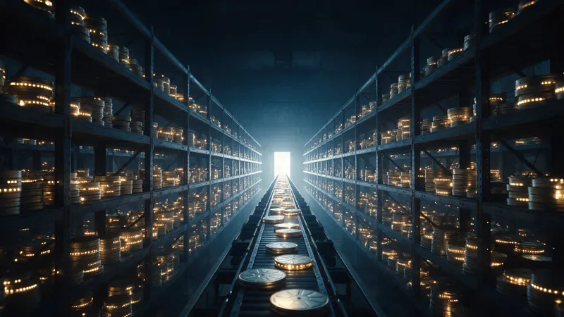 A long warehouse aisle of shelves stacked with glowing film reels, a conveyor belt carrying reels toward a bright doorway