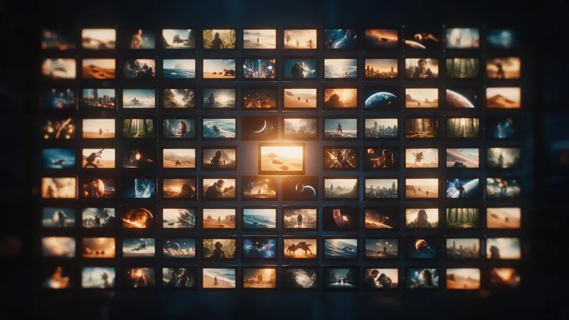 A dark studio wall of glowing film frames, each showing a different cinematic scene