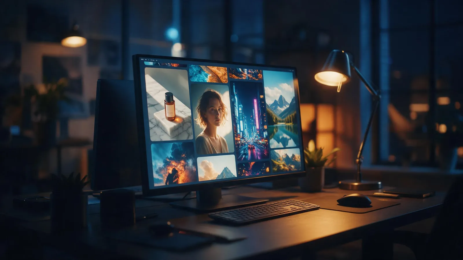 A developer desk at night with a monitor showing a grid of generated photos: a product on marble, a portrait, a neon city and a mountain lake