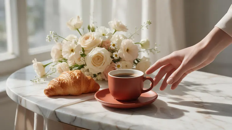 A coffee cup, a croissant and white flowers on a marble table in soft morning light