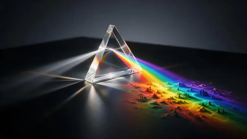 A glass prism splitting a beam of light into a rainbow that paints a tiny landscape on the table