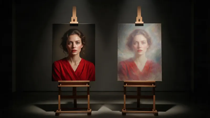 Two easels in a dark gallery: a photographic portrait of a woman in red and a painterly version of the same portrait