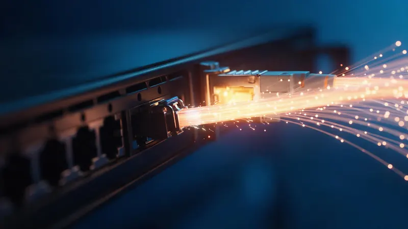 A glowing fibre-optic cable moving from one server port to another, with streams of light flowing along it