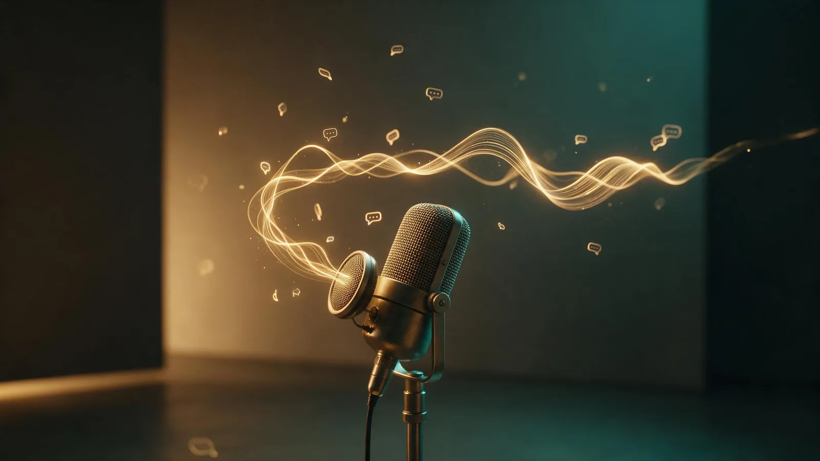 A vintage studio microphone in a dark room with glowing golden sound waves flowing through the air