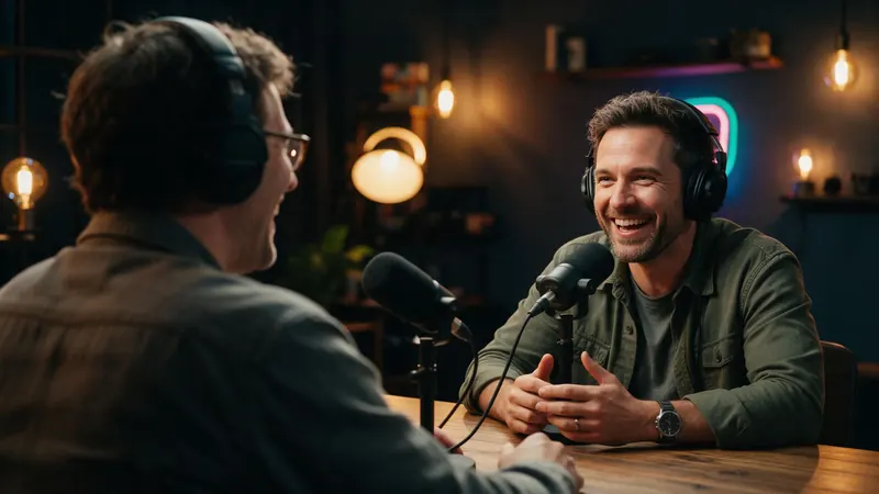 Two podcast hosts laughing across a table with microphones in a cosy studio