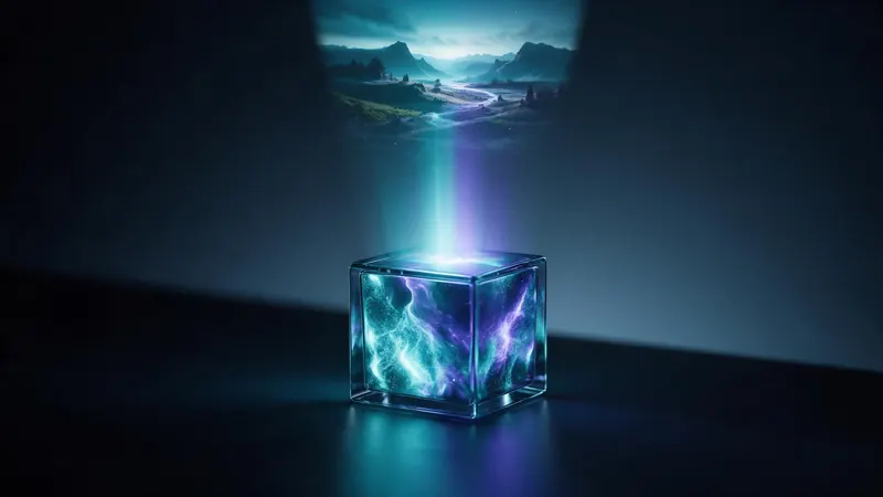 A glowing glass cube on a dark surface sending up a beam of light that becomes a floating landscape video frame