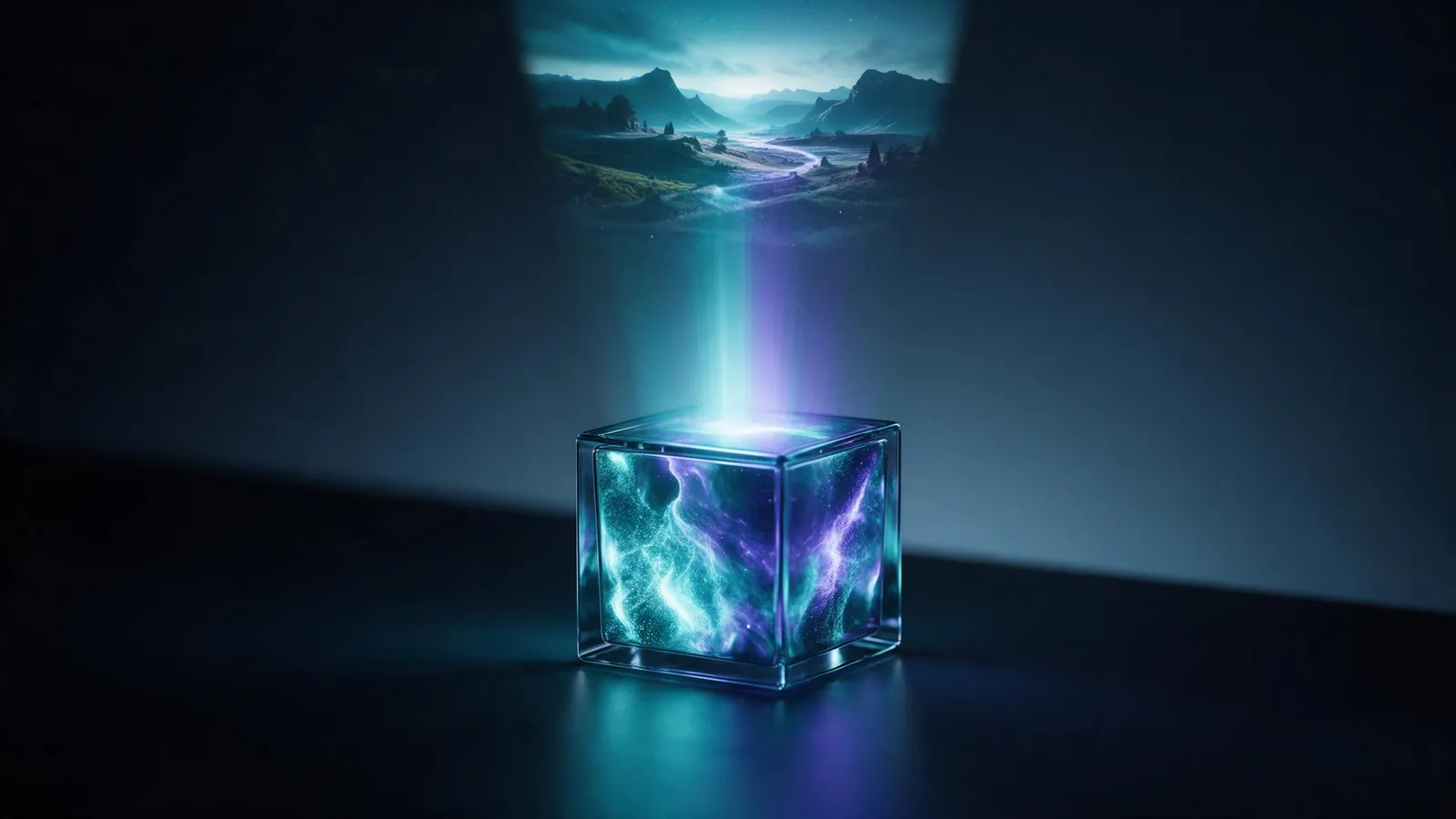 A glowing glass cube on a dark surface sending up a beam of light that becomes a floating landscape video frame