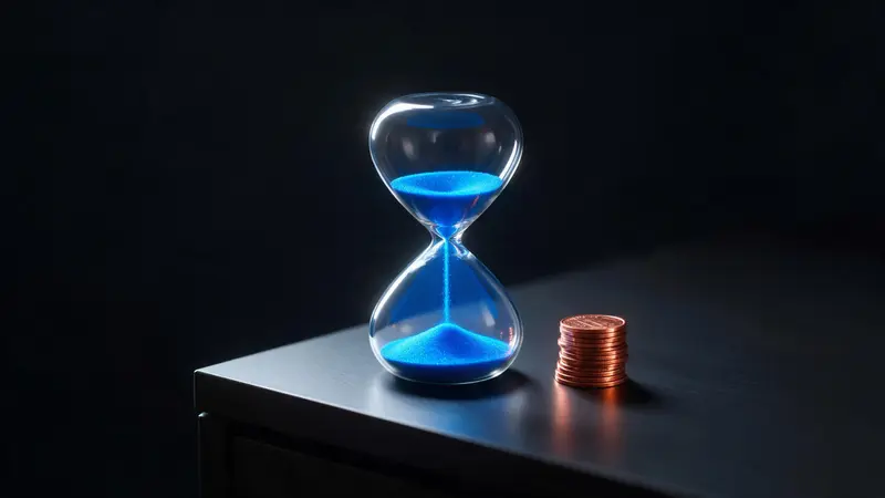 A glowing glass hourglass beside a stack of copper coins on a dark desk